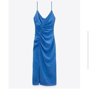 NWT ZARA RUCHED LINEN BLEND MIDI DRESS IN BLUE